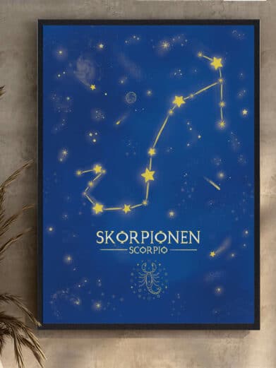 Lilla Stjernebillede Skorpionen plakat. Grafisk stjernetegn med guld stjerner på en dyb lilla baggrund. Moderne og stilfuld.