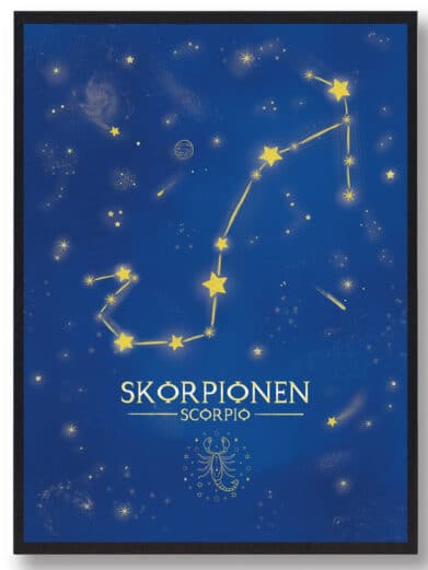 Stjernebillede Skorpionen plakat i lilla. Visuelt fremtrædende stjernebillede med gyldne stjerner på en dyb, lilla baggrund. Moderne design.