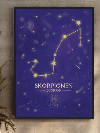 Lilla stjernebillede Skorpionen plakat. Elegant design med gyldne stjerner, perfekt til stjernetegnsentusiaster.