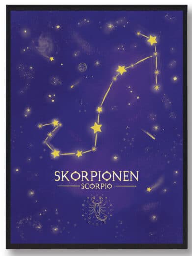 Stjernebillede Skorpionen plakat i lilla. Visuelt smukt stjernetegnsdesign med stjerner og konstellationer. Perfekt til boligindretning.