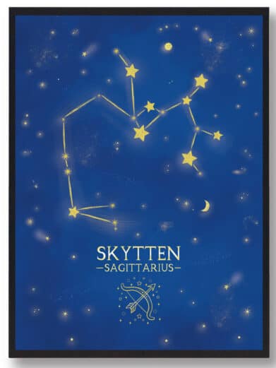 Lilla 'Stjernebillede Skytten' plakat. En smuk stjernehimmel med gyldne stjerner, der danner Skyttens stjernebillede. Moderne kunst til hjemmet.