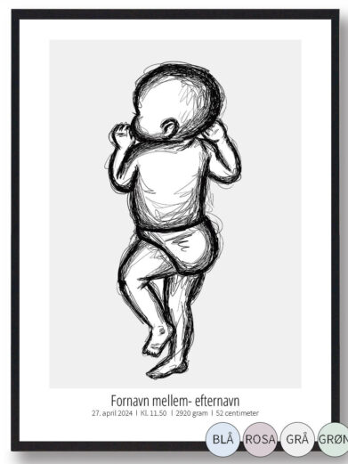 Fødselsplakat med kruset dobbeltstreg. Babyen ligger halv på siden og har den ene hånd oppe ved munden.
