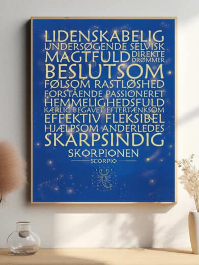 Stjernetegn Skorpionen plakat i lilla. Elegant design med stjernetegn og ord. Perfekt til Skorpionen!