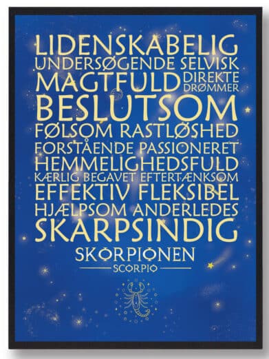 Stjernetegn Skorpionen plakat i blå med gyldne ord og stjernetåge. Moderne boligplakat for skorpionen stjernetegn.