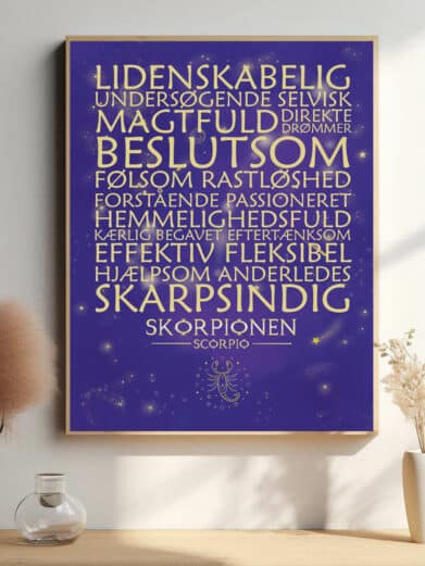 Stjernetegn Skorpionen plakat i lilla. Elegant design med gyldne ord. Perfekt til Skorpionen i dit liv. Nu på tilbud!