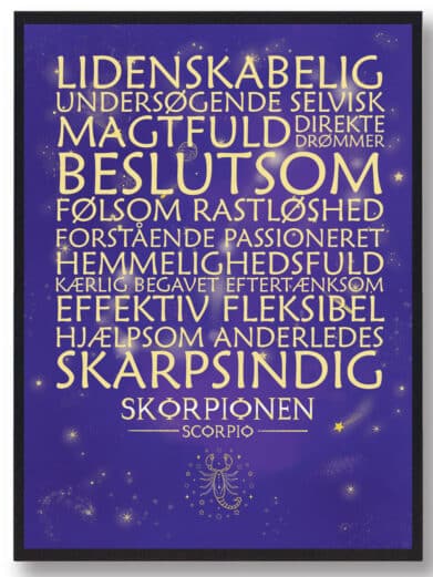 Lilla stjernetegn Skorpionen plakat. Visuelt fremhævet med guld tekst og stjernedetaljer. Perfekt til Skorpionen i dit liv.