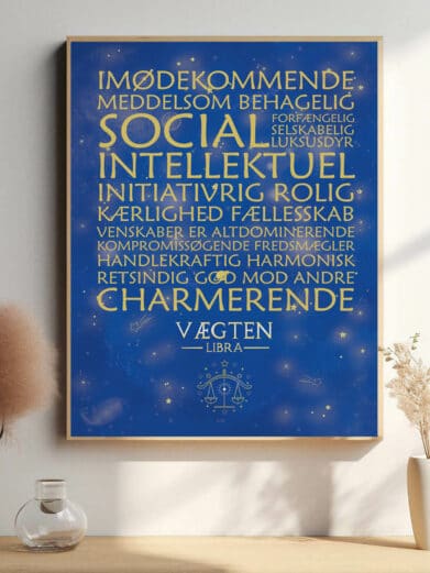 Stjernetegn Vægten plakat i lilla og guld. Elegant design med stjernetegn og beskrivende ord. Perfekt til Vægten-entusiaster!