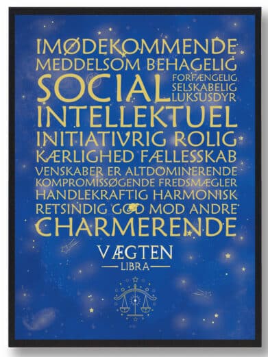 Stjernetegn Vægten plakat i lilla og blå. Visuelt fremhæves Vægtens positive egenskaber med gyldne ord og stjernebilleder.
