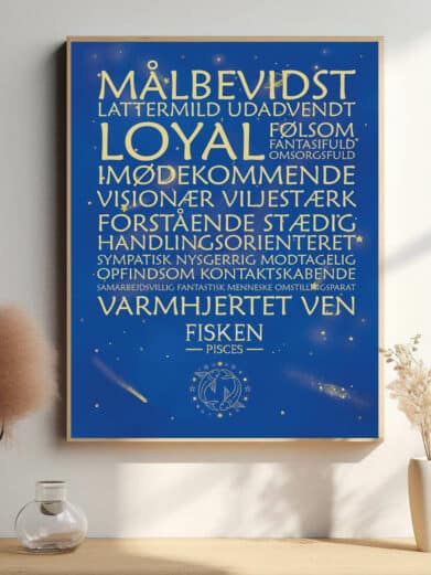 Stilfuld 'Stjernetegn Fisken' plakat. Lilla baggrund, gyldne stjernetegn og ord. Moderne design, perfekt til boligindretning.