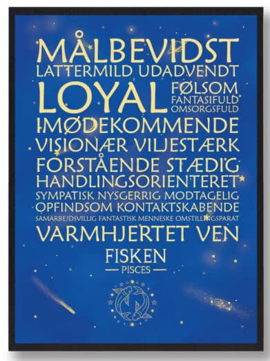 Stjernetegn Fisken plakat i lilla/blå. Med stjernetegn ord og illustration. Perfekt til Fiskens stjernetegns entusiast.