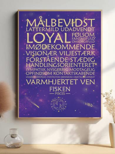 Lilla 'Stjernetegn Fisken' plakat med guld tekst. Moderne design. Perfekt til fiskens stjernetegn. Nu på tilbud!