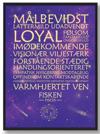 Lilla Stjernetegn Fisken plakat med guld tekst. En unik og dekorativ boligplakat med stjernetegnet Fisken i fokus. På tilbud!