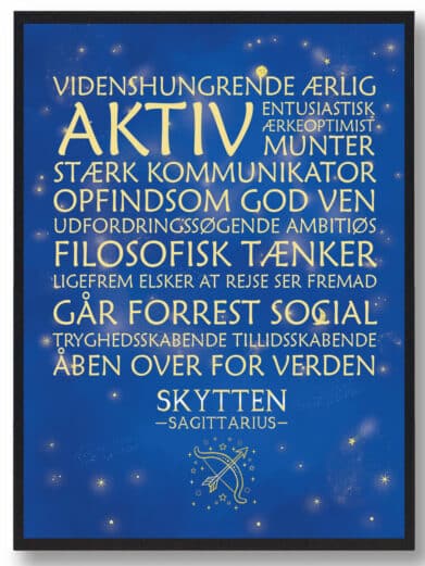 Stjernetegn Skytten plakat i lilla. Flot grafisk design med stjernetegnets positive egenskaber fremhævet. Perfekt til Skytten!