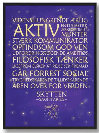 Stjernetegn Skytten plakat i lilla. Visuelt tiltalende med gyldne ord på en dyb lilla baggrund, ideel til Skytten-entusiaster.