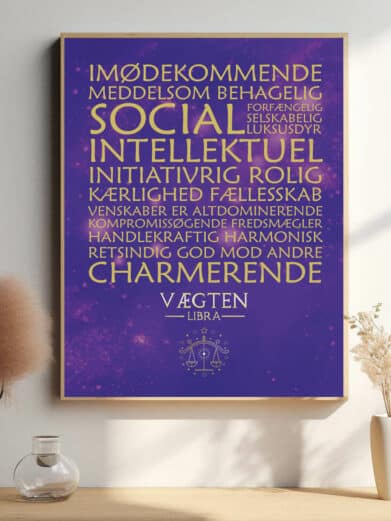 Stjernetegn Vægten plakat i lilla. Elegant design med ord om Vægten. Perfekt boligplakat med stjernetema. Til salg!