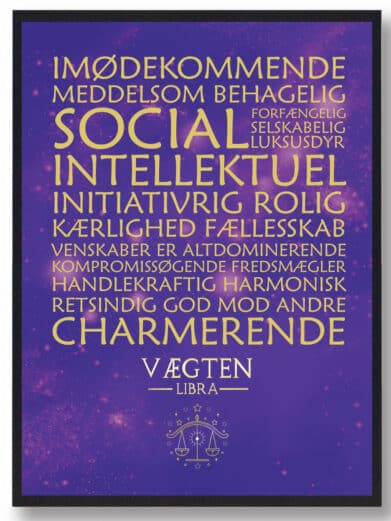 Stjernetegn Vægten plakat i lilla. Elegant design med tekst om stjernetegnets personlighedstræk. Perfekt til boligindretning.