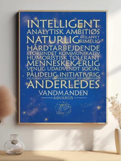 Stjernetegn Vandmanden plakat i lilla nuancer. Elegant design med tekst og stjernemotiv. Perfekt til stuen!