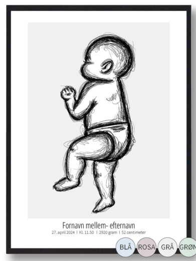 Kruset stregtegning af baby, der ligger på siden og sover. Fødselsplakaten har en grå baggrund