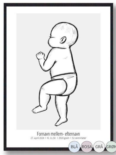 Elegant fødselsplakat med baby liggende på siden - sovende