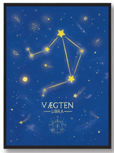 Lilla 'Stjernebillede Vægten' plakat. Visuelt: stjernebilledet Libra i gul på en dyb lilla nattehimmel med stjerner. Elegant og moderne.