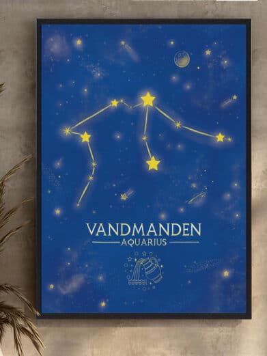 Lilla stjernebillede Vandmanden plakat. Stjerner, konstellation og tekst mod en dybblå nattehimmel. Moderne kunst til hjemmet.