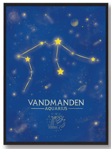 Stjernebillede Vandmanden plakat i lilla nattehimmel. Gyldne stjerner danner stjernetegnet. Moderne og stilfuld boligdekoration.