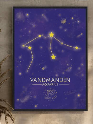 Stjernebillede vandmanden plakat i lilla. Vandmanden stjernetegn med stjerner og konstellationer. Boligplakat med salgspris.