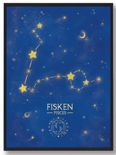Stjernebillede Fisken plakat i lilla. Visuelt fremtrædende er stjernetegn med guldfarvede stjerner på en mørkeblå baggrund.