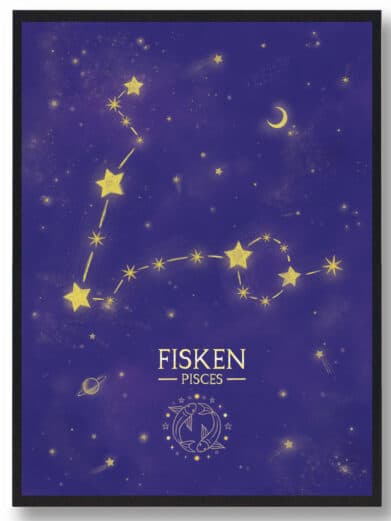 Lilla 'Stjernebillede Fisken' plakat. Visuelt fremhæves stjernebilledet i guld på en lilla baggrund. Perfekt til stjernetegnsentusiaster.