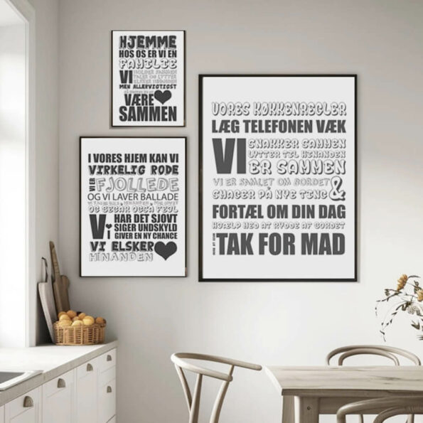Boligplakater med 'Regler i hjemmet' citater. Styrk familiens sammenhold med inspirerende ord på væggen.