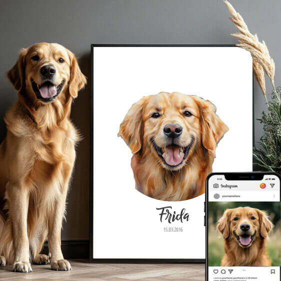 Golden Retriever plakat i elegant design. Forestil dig din hund ved siden af plakaten – en smuk kombination af virkelighed og kunst.