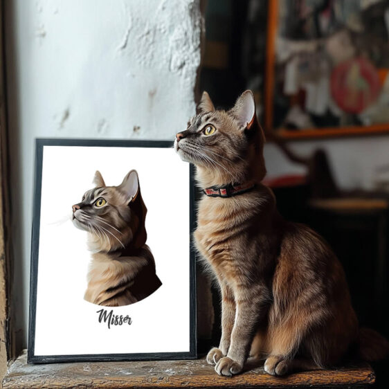 Et stilfuldt og tidløst portræt af en kat, der udstråler ro og elegance. Gør det ekstra unikt med kattens navn for en personlig detalje.
