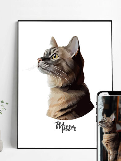 Denne smukke plakat indfanger kattens mystik og charme. Tilføj dens navn for at skabe en helt særlig og personlig dekoration til hjemmet.