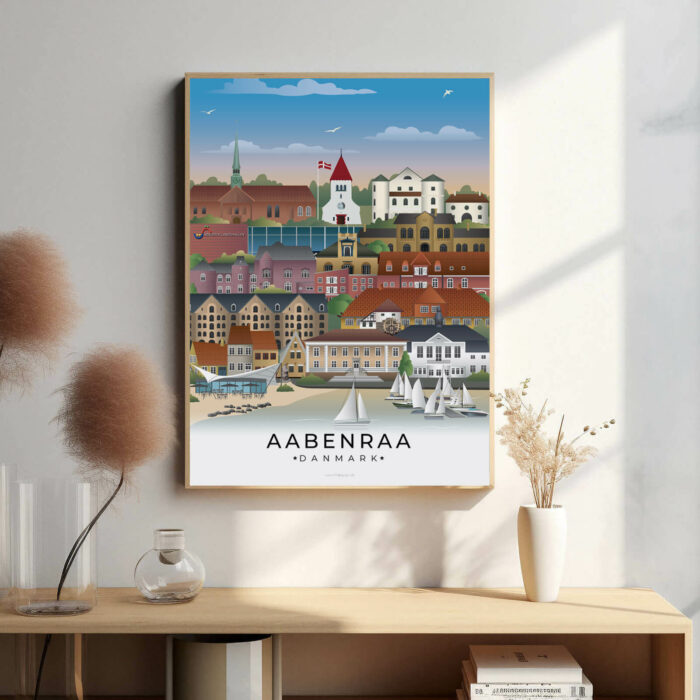 Aabenraa bybillede plakat, der fremhæver den livlige havn, farverige facader og de grønne områder, der omkranser byen.