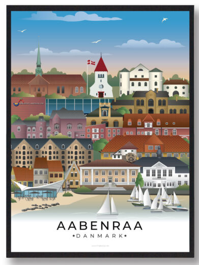 Denne Aabenraa plakat skildrer den idylliske stemning i byen, hvor den historiske havn møder den rolige natur og smukke bygninger langs kysten.
