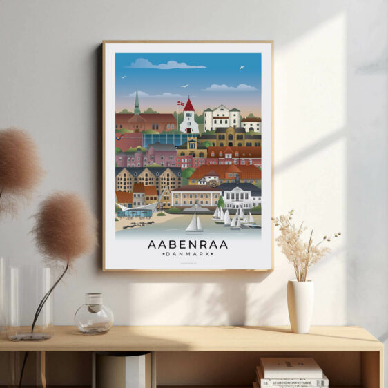 Aabenraa bybillede plakat, der fanger byens charmende havn, de farverige bygninger og den rolige atmosfære langs fjorden.