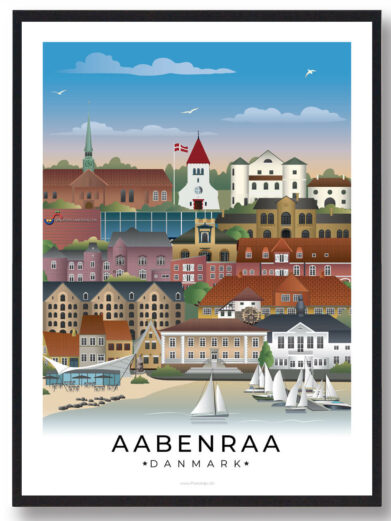 Plakat af Aabenraa, der skildrer byens idylliske beliggenhed ved fjorden og den naturskønne stemning omkring havnen og de omkringliggende områder.