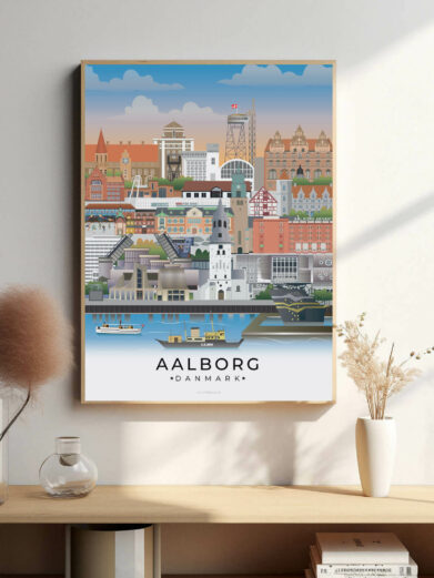 Aalborg bybillede plakat, der fremhæver byens vartegn som Utzon Center, Musikkens Hus og den charmerende atmosfære ved Limfjorden.