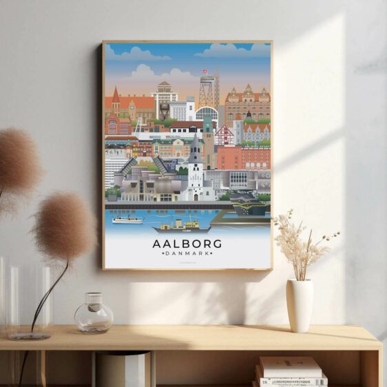 Aalborg bybillede plakat, der fremhæver byens vartegn som Utzon Center, Musikkens Hus og den charmerende atmosfære ved Limfjorden.