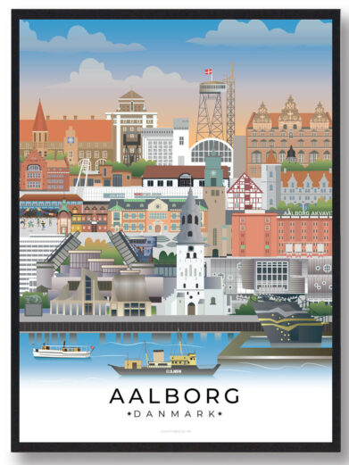 Denne Aalborg plakat viser byens skønhed med Limfjorden som baggrund, ikonisk arkitektur og historiske detaljer.
