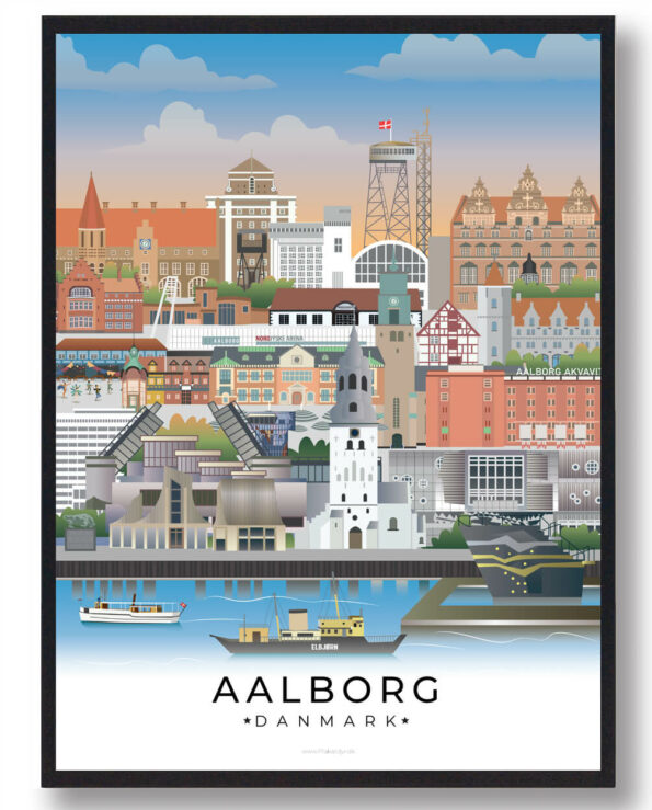Denne Aalborg plakat viser byens skønhed med Limfjorden som baggrund, ikonisk arkitektur og historiske detaljer.