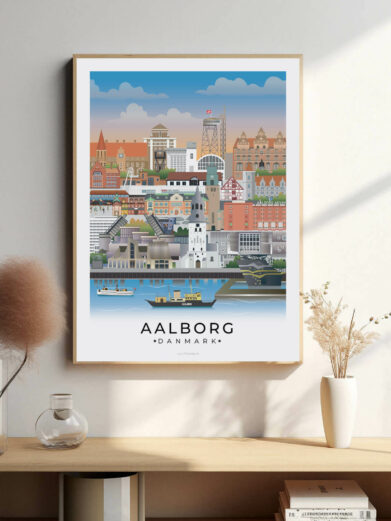 Aalborg bybillede plakat, der fanger byens livlige havnefront, historiske vartegn og moderne arkitektur langs Limfjorden.