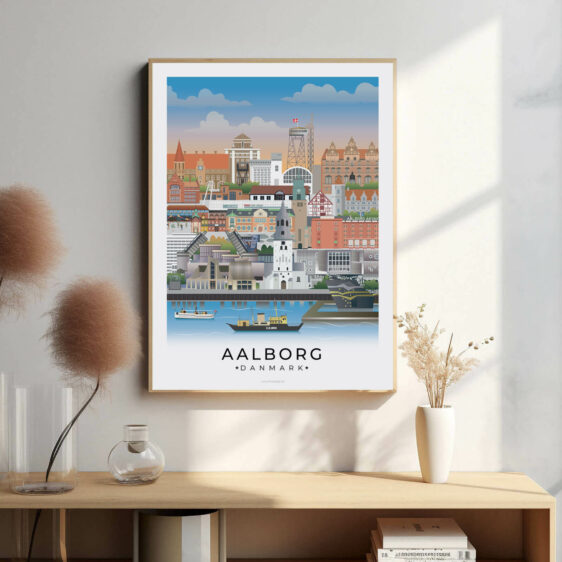 Aalborg bybillede plakat, der fanger byens livlige havnefront, historiske vartegn og moderne arkitektur langs Limfjorden.
