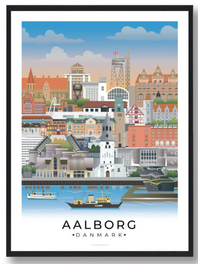 Plakat af Aalborg, der viser den perfekte balance mellem historiske bygninger, moderne udvikling og byens ikoniske havneområde.