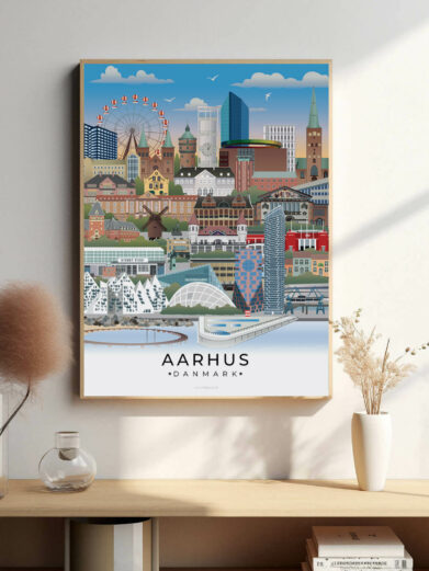 Aarhus bybillede plakat, der fanger byens unikke stemning, fra det historiske Latinerkvarter til de moderne bygninger ved Dokk1.
