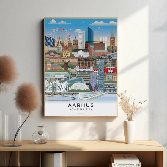 Aarhus bybillede plakat, der fanger byens unikke stemning, fra det historiske Latinerkvarter til de moderne bygninger ved Dokk1.