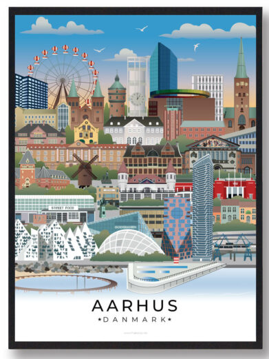 Denne Aarhus plakat skildrer byens charme med en blanding af historiske detaljer, moderne design og en livlig atmosfære.