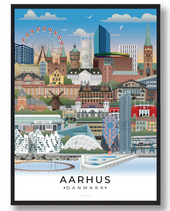 Denne Aarhus plakat skildrer byens charme med en blanding af historiske detaljer, moderne design og en livlig atmosfære.
