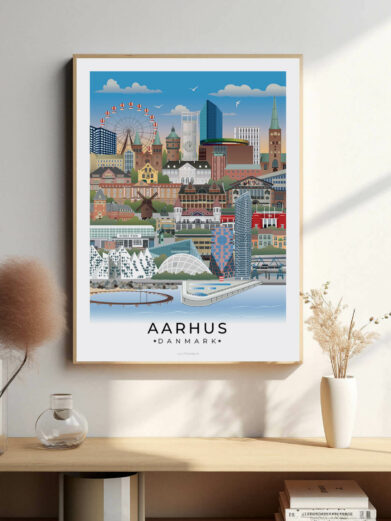 Aarhus bybillede plakat, der fremhæver byens ikoniske vartegn som Aros, Den Gamle By og den livlige havnefront.