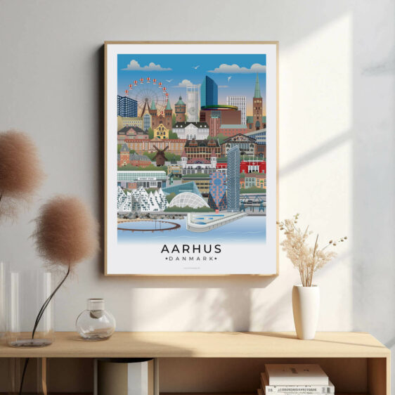 Aarhus bybillede plakat, der fremhæver byens ikoniske vartegn som Aros, Den Gamle By og den livlige havnefront.